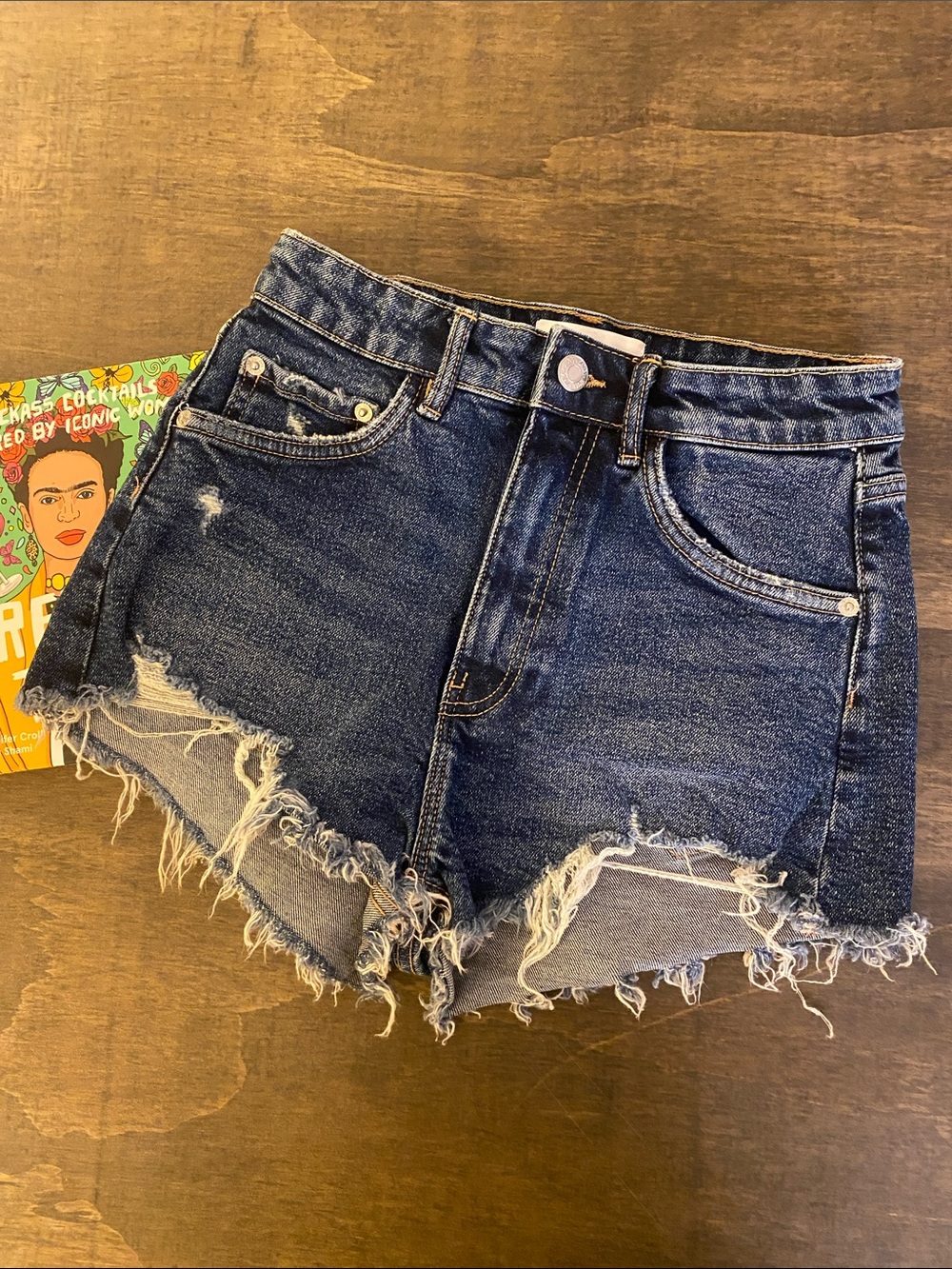 Zara Frayed Hem High-Rise Denim Shorts - Dark Blue